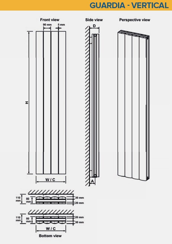Eastbrook Guardia Vertical Aluminium Radiator - 1800 x 470mm - Eastbrook  Bathrooms at OneStop.