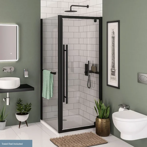 Vantage 2000 Matt Black 900 Shower Side Panel With Towel Rail