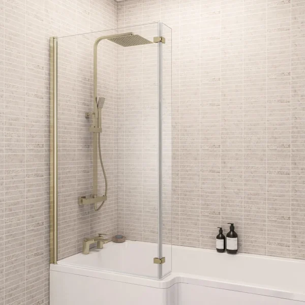 L Shape Left Hand Brushed Brass Bath Screen