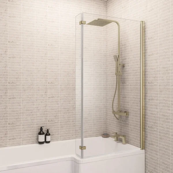 L Shape Right Hand Brushed Brass Bath Screen