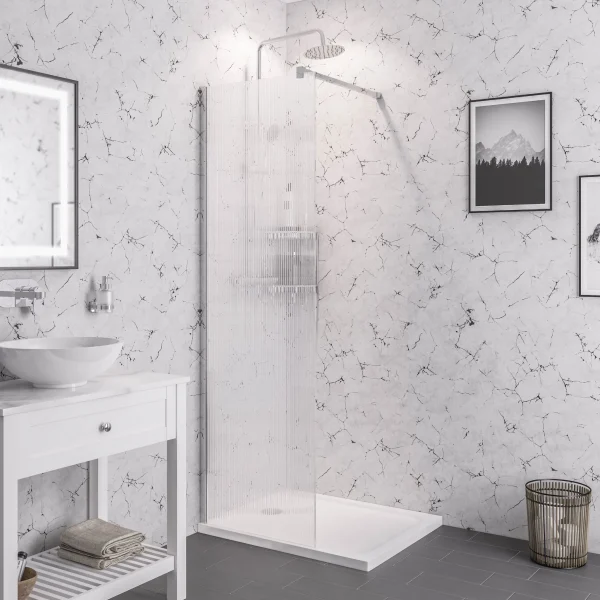 Vantage 2000 x 800 8mm Chrome Fluted Glass Walk-in Shower Panel