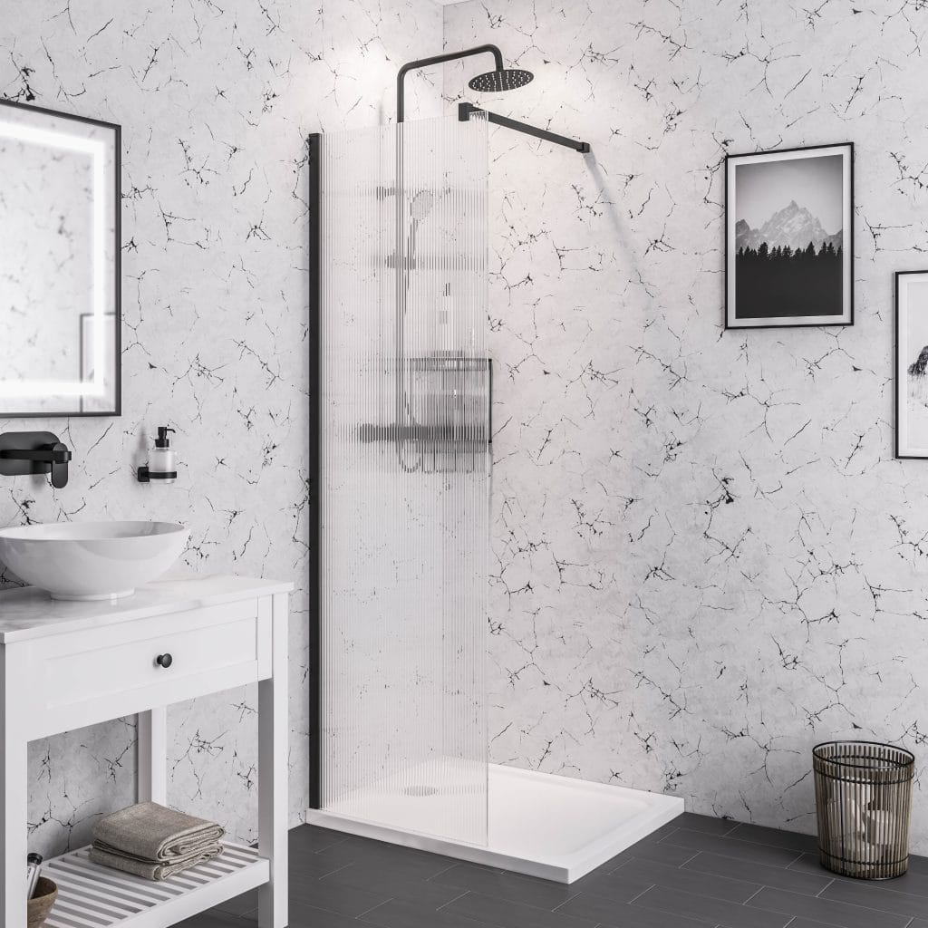 Vantage 2000 x 800 8mm Matt Black Fluted Glass Walk-in Shower Panel