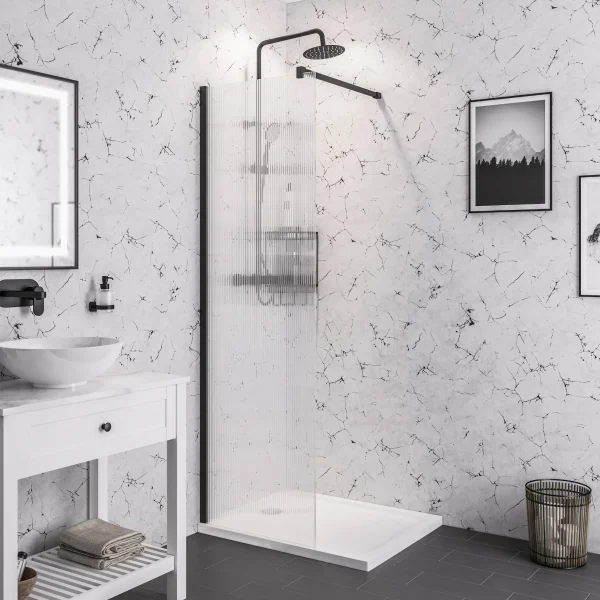Vantage 2000 x 800 8mm Matt Black Fluted Glass Walk-in Shower Panel