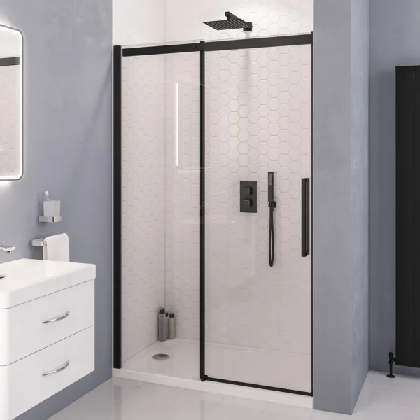 Corniche 2000 Matt Black 1700 8mm Sliding Shower Door Semi-Frameless