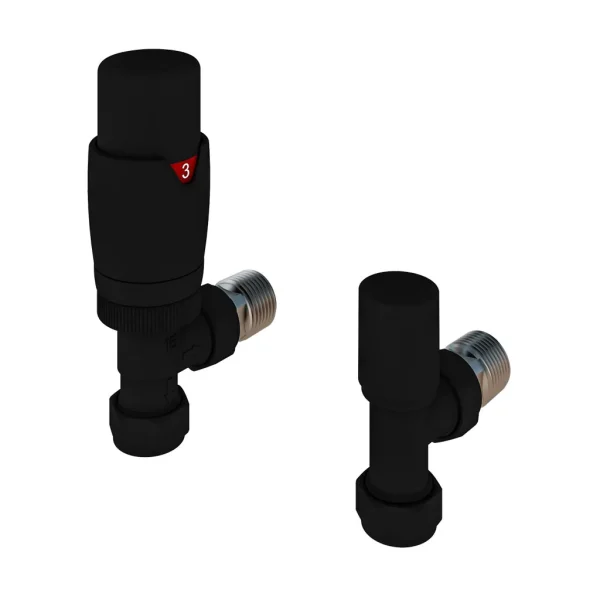 Matt Black Angled Designer TRV with Lockshield 15mm Radiator Valve