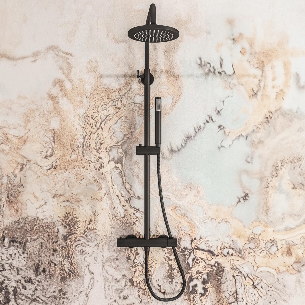 Meriden Matt Black Round Telescopic Shower Riser Kit With Exposed Bar Valve