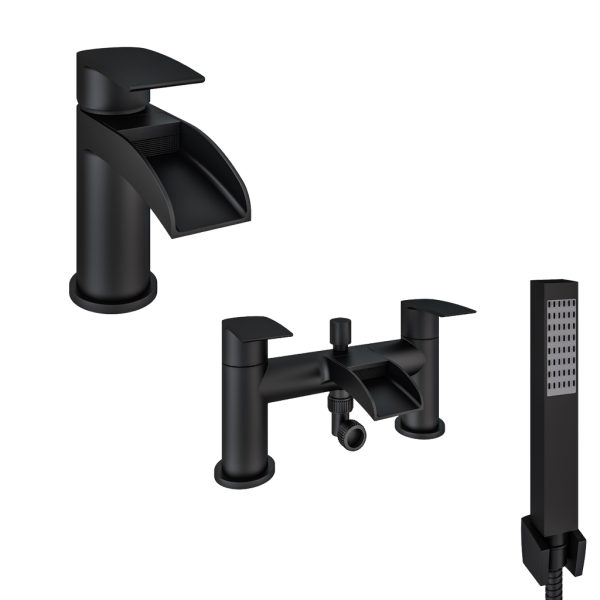 Aston Waterfall Matt Black Basin Mono And Bath Shower Mixer Tap Set