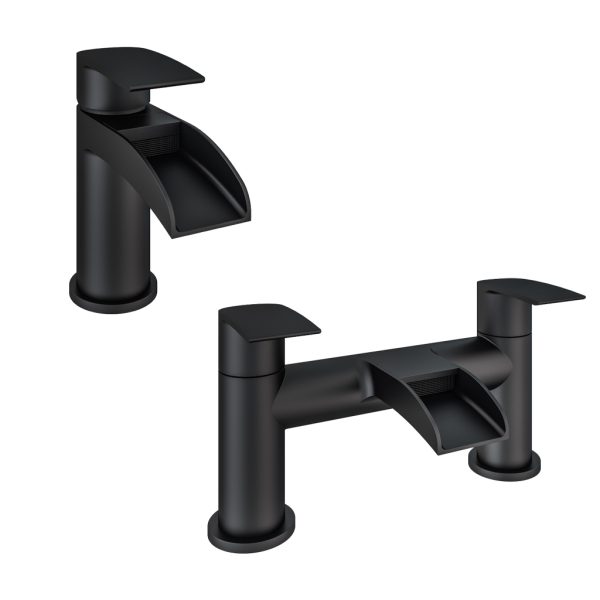 Aston Waterfall Matt Black Basin Mono And Bath Filler Tap Set