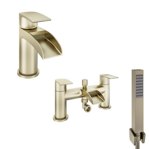Aston Waterfall Brushed Brass Basin Mono And Bath Shower Mixer Tap Set