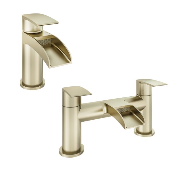 Aston Waterfall Brushed Brass Basin Mono And Bath Filler Tap Set