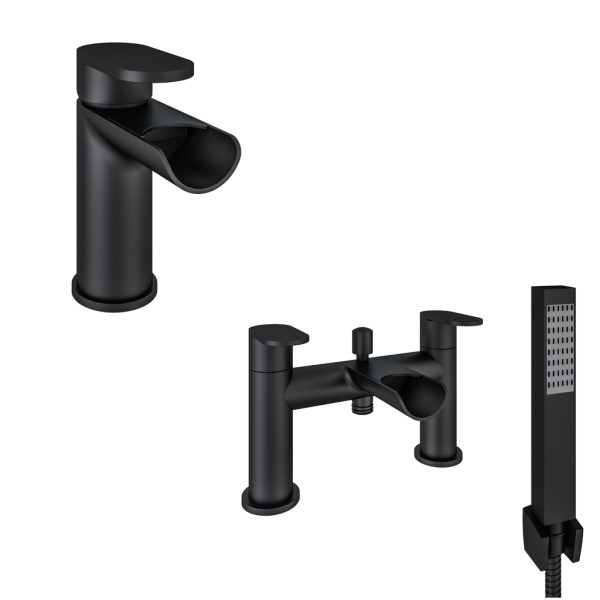 Ledwell Waterfall Matt Black Basin Mono And Bath Shower Mixer Tap Set