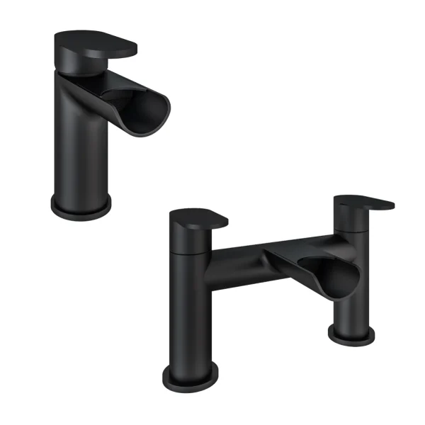 Ledwell Waterfall Matt Black Basin Mono And Bath Filler Tap Set