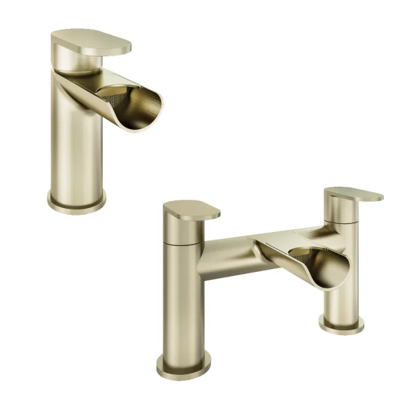 Ledwell Waterfall Brushed Brass Basin Mono And Bath Filler Tap Set
