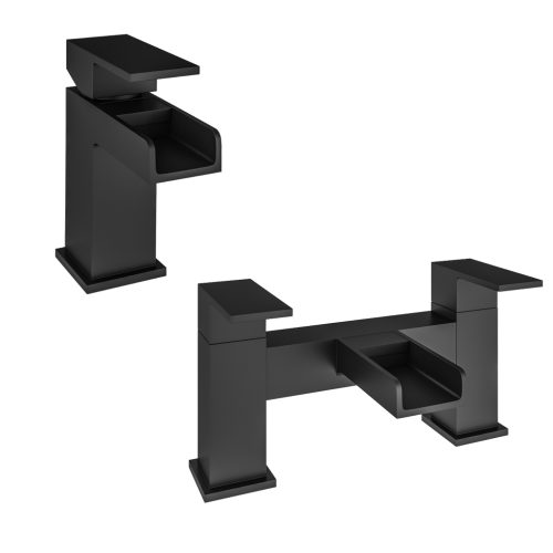 Abberton Waterfall Matt Black Basin Mono And Bath Filler Tap Set