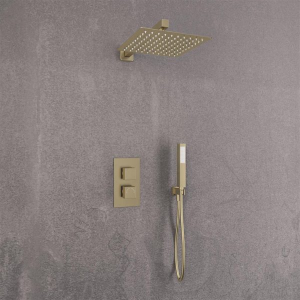 Brushed Brass Square Shower Pack with Concealed Valve Shower Head And Handset