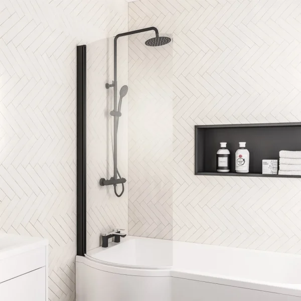 P Shape Matt Black Left Hand Shower Bath Screen