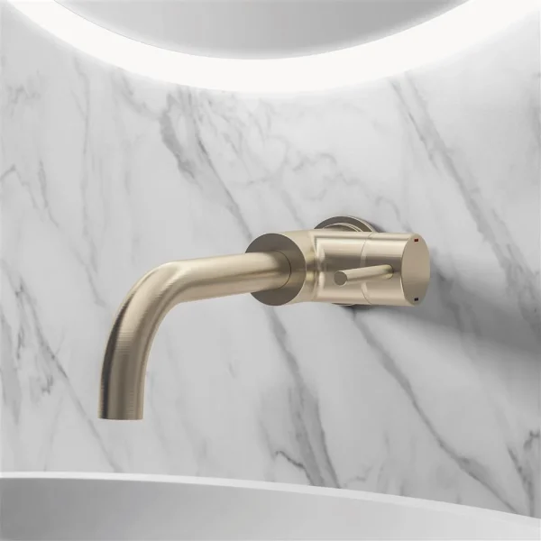 Meriden Brushed Brass Wall Mounted Curved Spout Single Lever Basin Mixer Tap