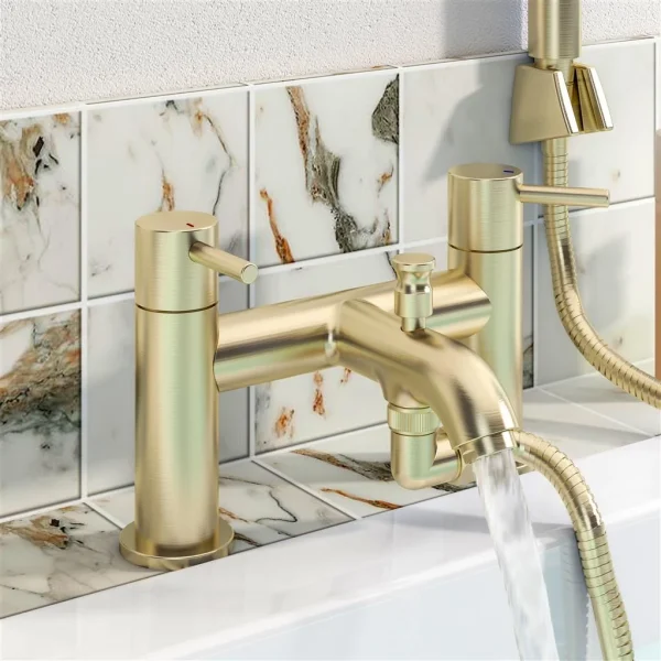Meriden Brushed Brass Curved Spout Bath Shower Mixer Tap