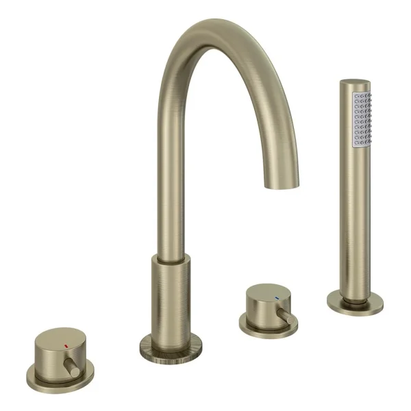 Meriden Brushed Brass Curved Spout 4 Tap Hole Bath Shower Mixer Tap