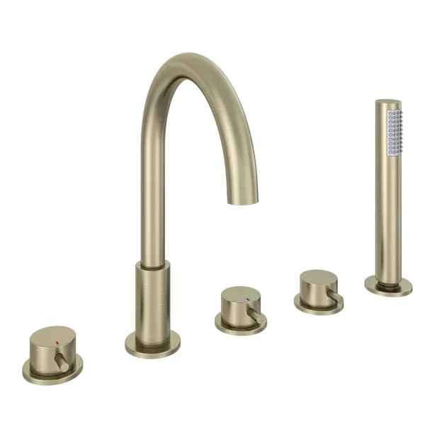 Meriden Brushed Brass Curved Spout 5 Tap Hole Bath Shower Mixer Tap