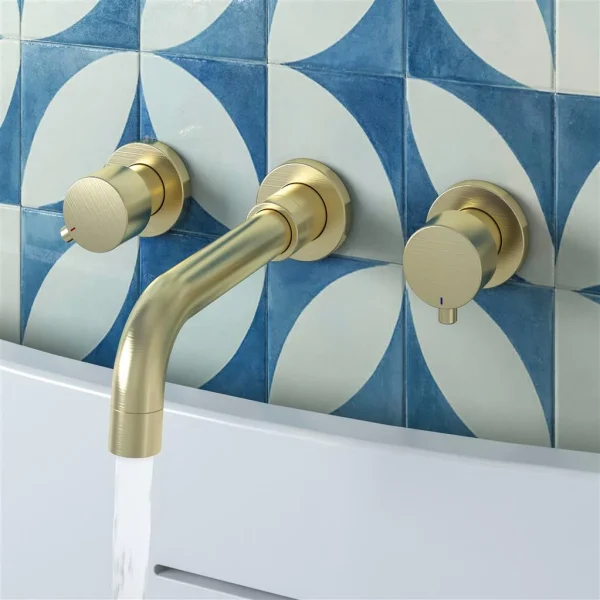 Meriden Brushed Brass Curved Spout 3 Tap Hole Wall Mounted Bath Tap