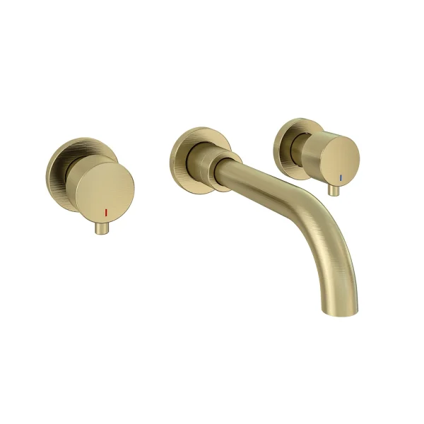Meriden Brushed Brass Wall Mounted 3 Hole Curved Spout Basin Mixer Tap