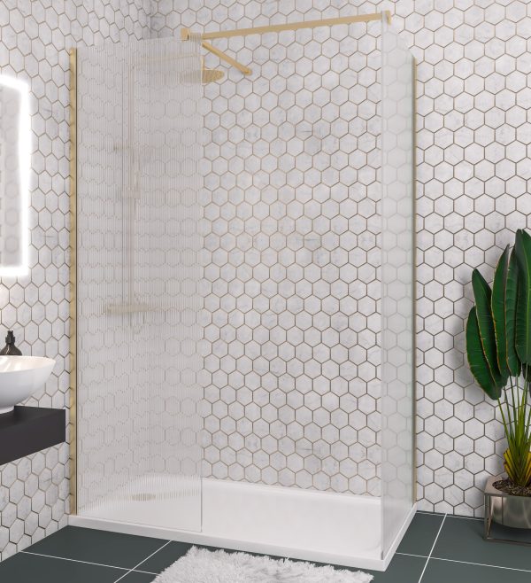 Vantage 2000 Brushed Brass 1200 8mm Fluted Glass Walkin Shower Panel - Eastbrook