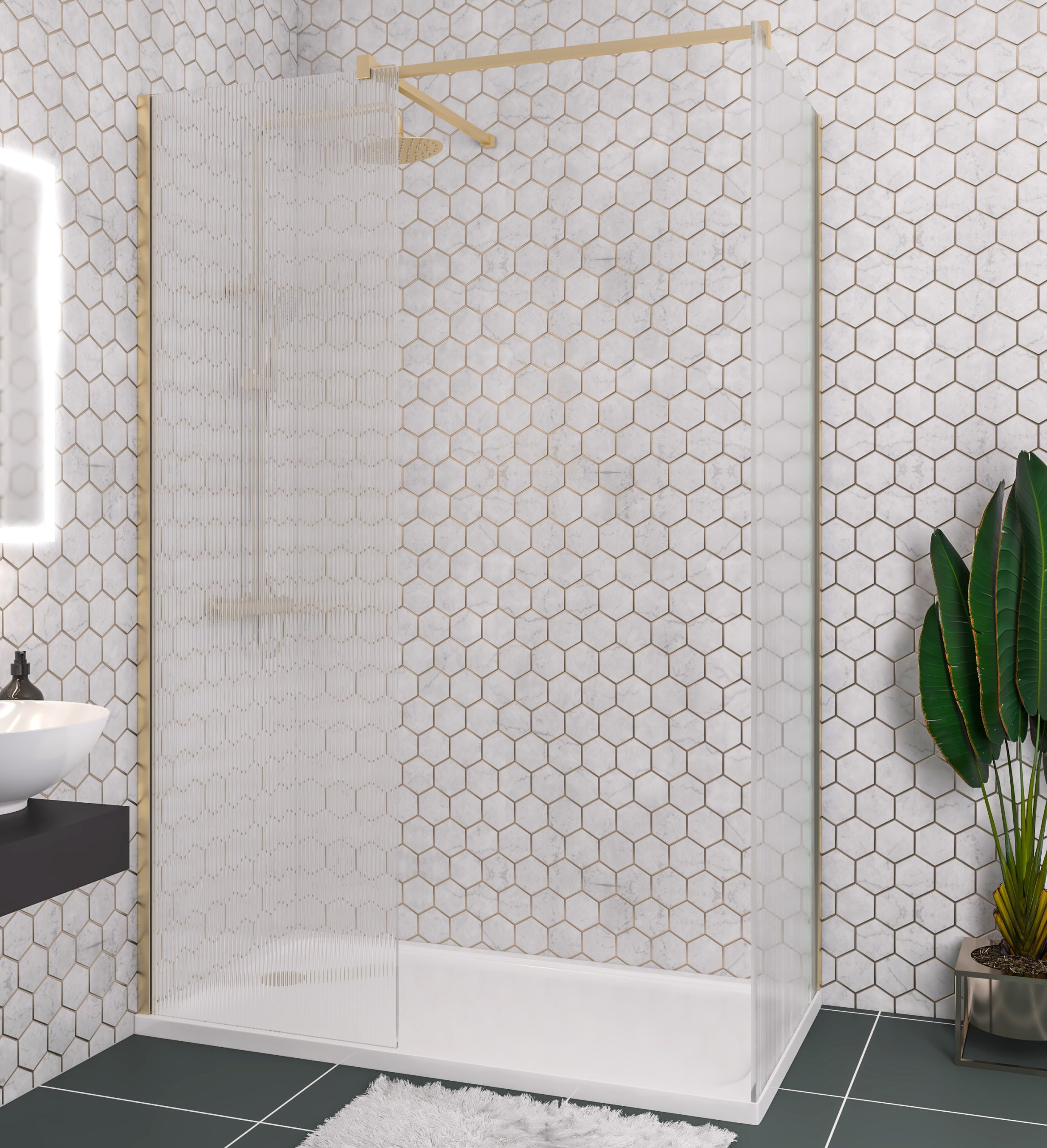 Vantage 2000 Brushed Brass 1200 8mm Fluted Glass Walkin Shower Panel - Eastbrook