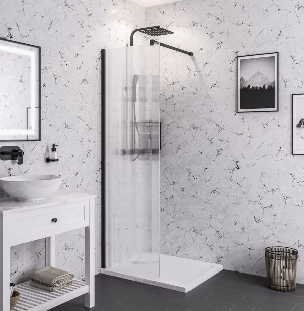 Vantage 2000 Black 1300 8mm Fluted Glass Walkin Shower Panel - Eastbrook