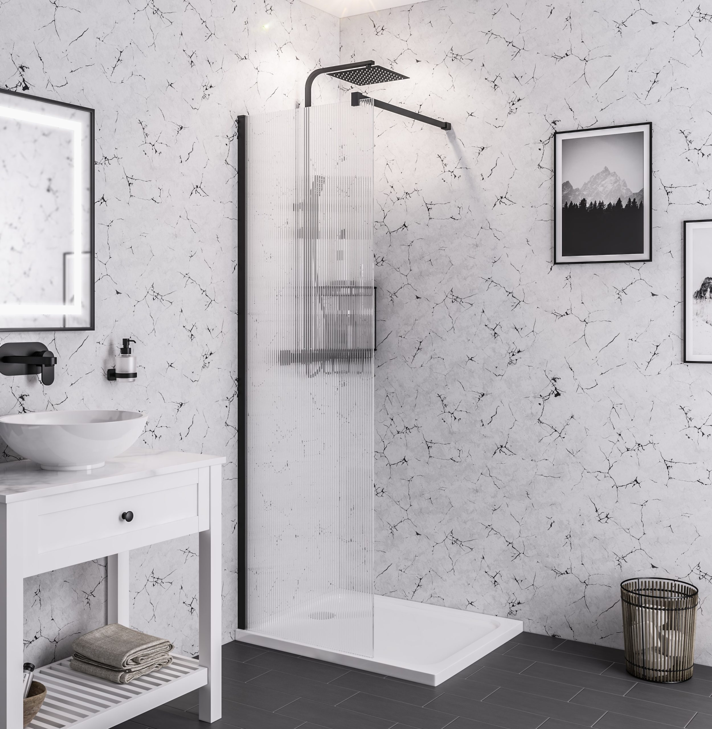 Vantage 2000 Black 1600 8mm Fluted Glass Walkin Shower Panel - Eastbrook