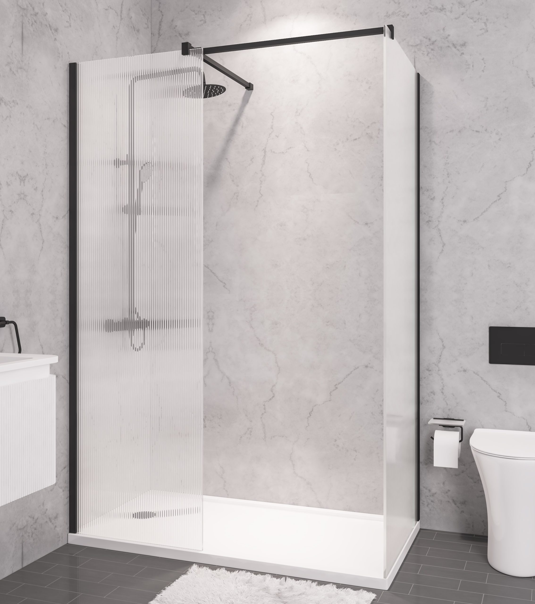 Vantage 2000 Black 1600 8mm Fluted Glass Walkin Shower Panel - Eastbrook - Image 3
