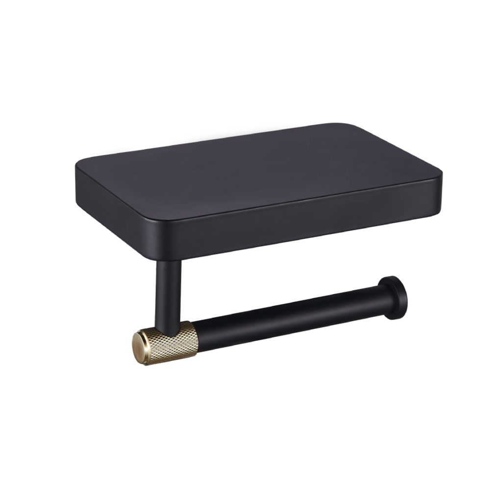 Catania Matt Black & Brushed Brass Toilet Roll Holder with Shelf - Eastbrook