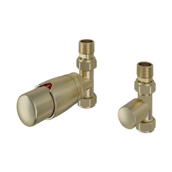Brushed Brass 15mm Straight TRV and 15mm Lockshield Radiator Valve - Eastbrook