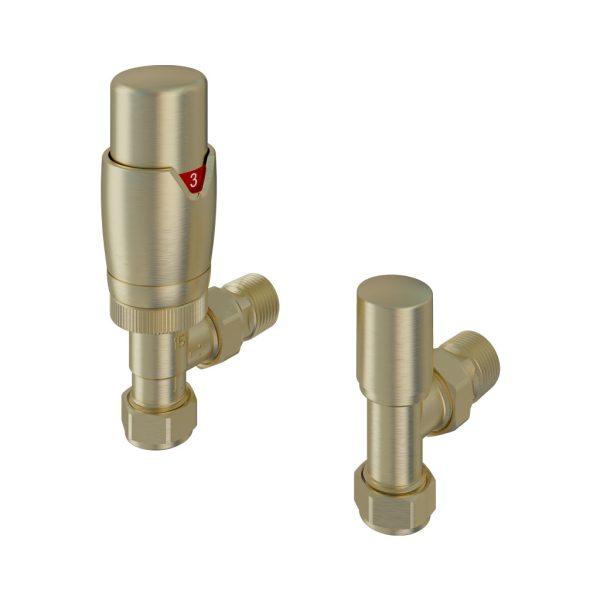 Brushed Brass 15mm Angled TRV and 15mm Lockshield Radiator Valve - Eastbrook