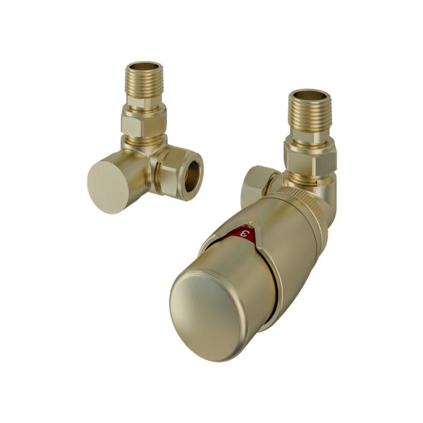 Brushed Brass 15mm Corner TRV and 15mm Lockshield Radiator Valve - Eastbrook