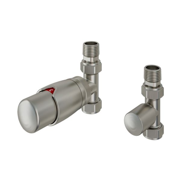 Brushed Nickel 15mm Straight TRV and 15mm Lockshield Radiator Valve - Eastbrook