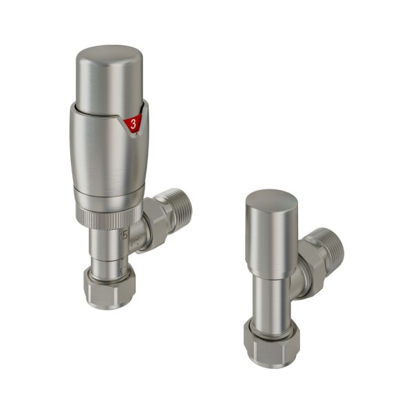 Brushed Nickel 15mm Angled TRV and 15mm Lockshield Radiator Valve - Eastbrook
