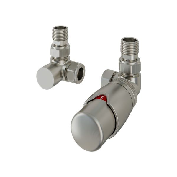 Brushed Nickel 15mm Corner TRV and 15mm Lockshield Radiator Valve - Eastbrook