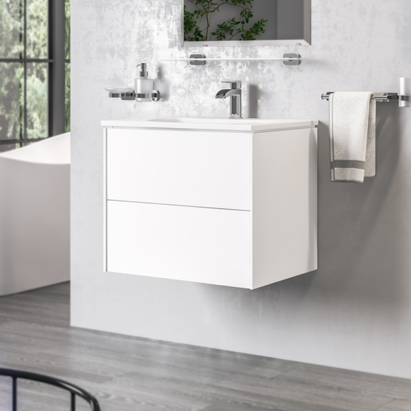 Chedworth 500 High Gloss White Wall Mounted 2 Drawer Curved Basin Vanity Unit - Eastbrook