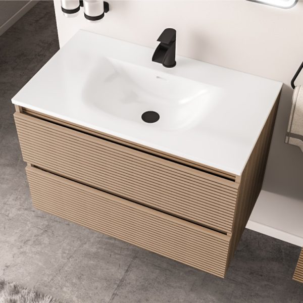 Olympia 800mm Fluted Effect Drawer Vanity Wall Hung Unit Semi Round Basin
