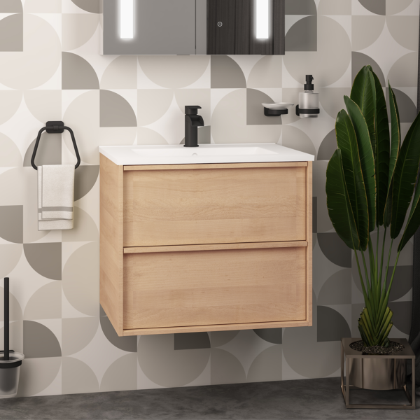 Ravensbourne 500 Natural Oak Wall Mounted 2 Drawer Curved Basin Vanity Unit - Eastbrook