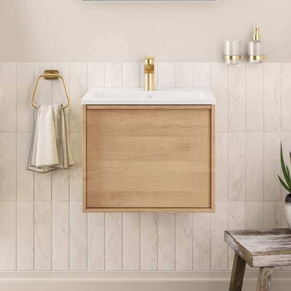 Ravensbourne 500 Natural Oak Wall Mounted Single Drawer Curved Basin Vanity Unit - Eastbrook
