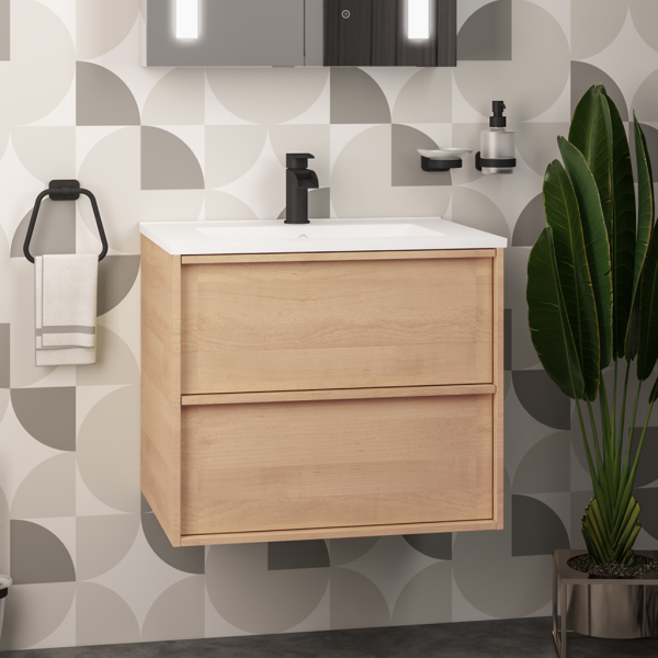 Ravensbourne 600 Natural Oak Wall Mounted 2 Drawer Curved Basin Vanity Unit - Eastbrook
