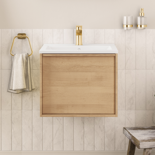 Ravensbourne 600 Natural Oak Wall Mounted Single Drawer Curved Basin Vanity Unit - Eastbrook