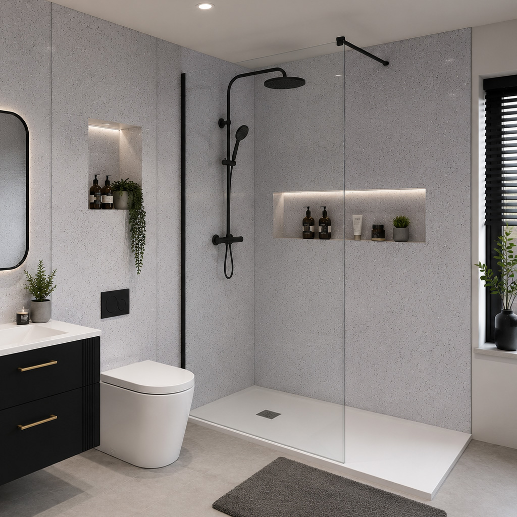 Hydropanel White Speckle 600 x 2420 T&G Shower Wall Panelling - Eastbrook