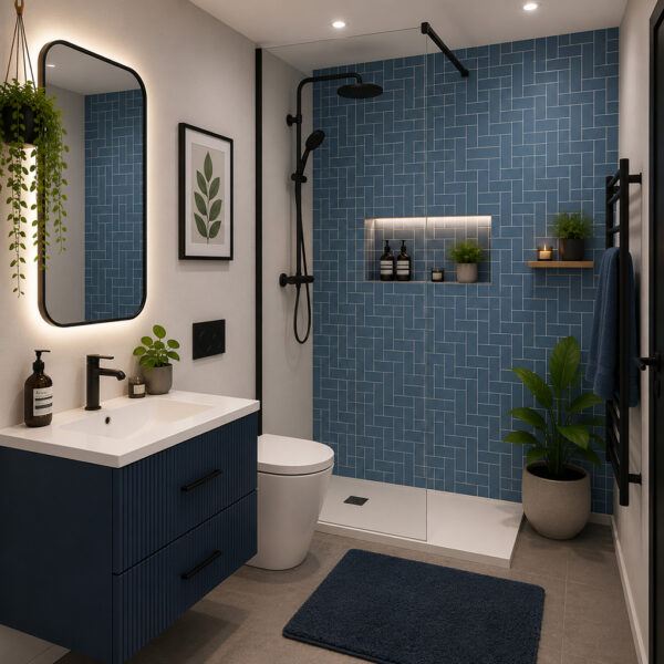 Satin Blue Herringbone 1000 x 2400mm PVC Hydropanel Shower Wall Panel - Eastbrook