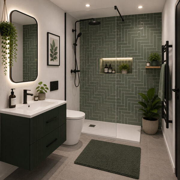 Satin Green Herringbone 1000 x 2400mm PVC Hydropanel Shower Wall Panel - Eastbrook