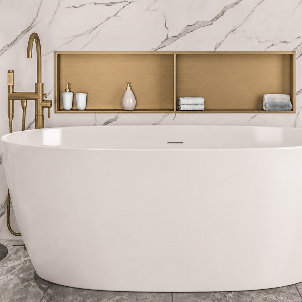 Brushed Brass 300 x 1200mm Shower Niche Storage With Shelf - Eastbrook
