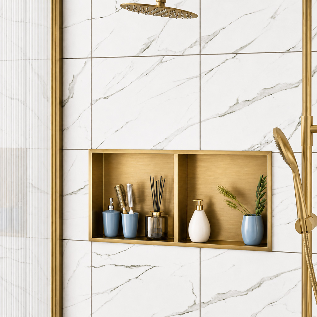 Brushed Brass 300 x 600mm Shower Niche Storage With Shelf - Eastbrook