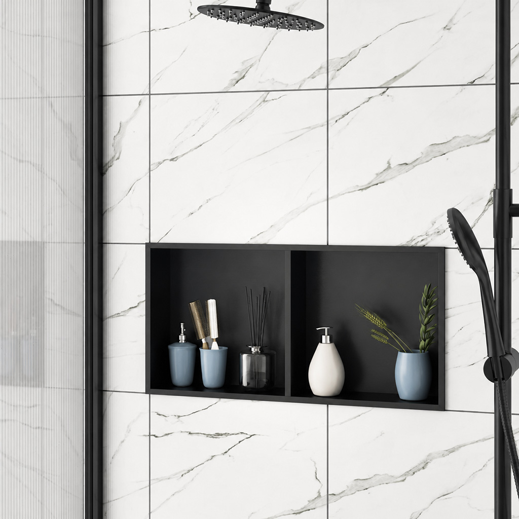 Matt Black 300 x 600mm Shower Niche Storage With Shelf - Eastbrook